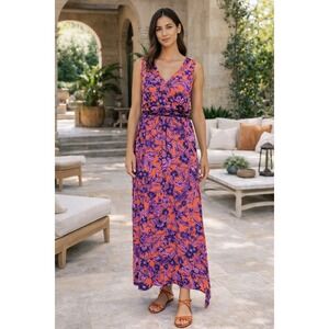 Maeve Anthropologie  Macie Maxi Dress Women Sz 10  Blue Orange Floral Sleeveless
